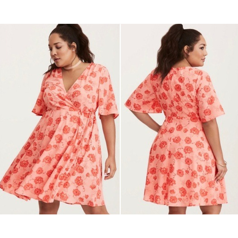 Torrid | Pink with Red Floral Georgette Flutter Sleeve Fit & Flare Wrap Dress